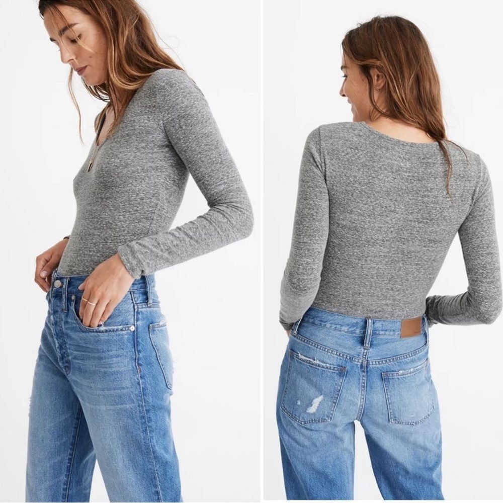 Madewell Gray Long-Sleeve V-Neck Bodysuit